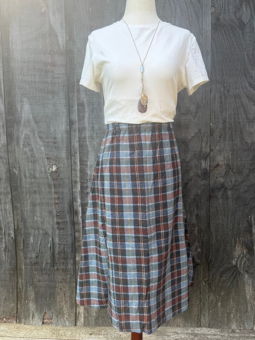 Vintage 90s Plaid Wool Blend Midi High Waist A Line Skirt Size 12
